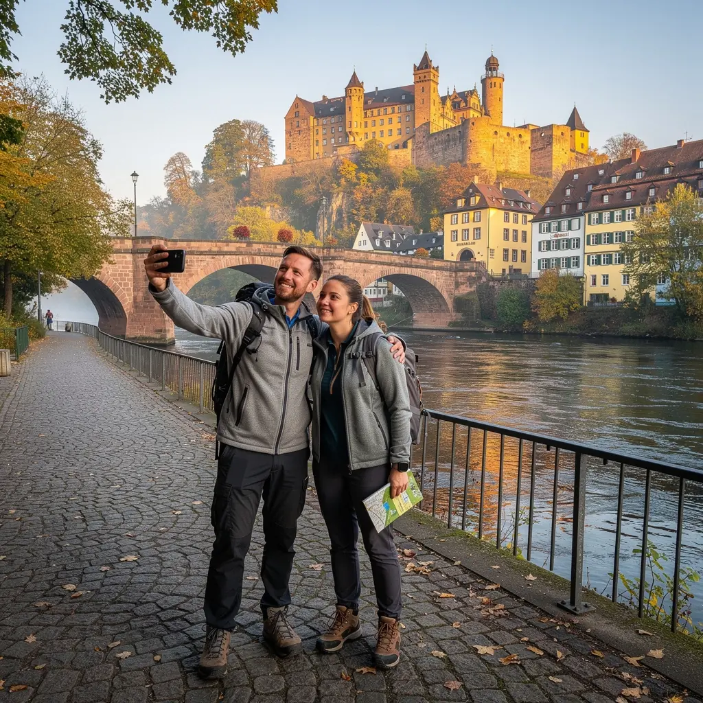 Ein alter Marktplatz mit Ständen, die regionale Spezialitäten und Kunsthandwerk anbieten.